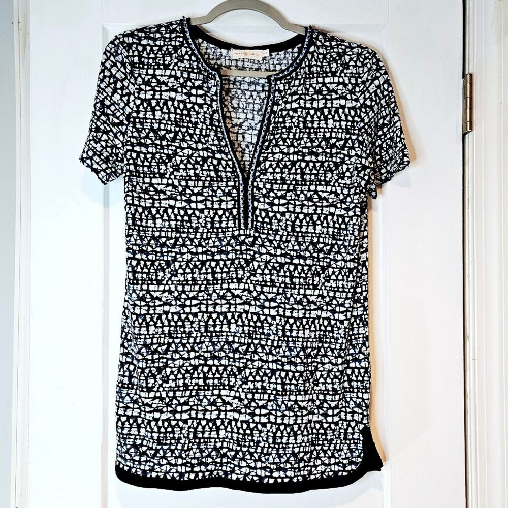 Tory Burch Navy White Printed Linen Tunic Top Split Neck XS Designer